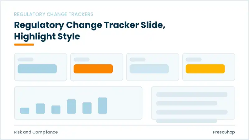 Editable PowerPoint regulatory change tracker slide template with an accented takeaway, built from recolourable native shapes for risk and compliance decks