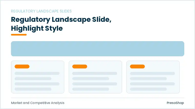 Editable PowerPoint regulatory landscape slide template with an accented takeaway, built from recolourable native shapes for market and competitive analysis decks