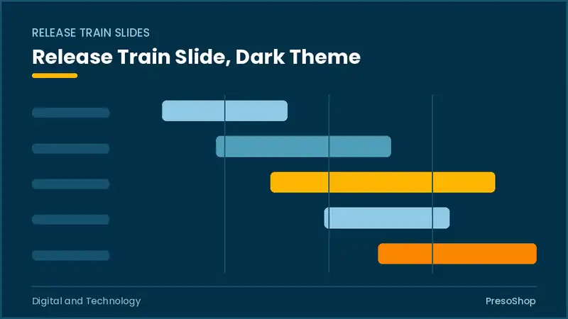 Editable PowerPoint release train slide template in a dark theme, built from recolourable native shapes for digital and technology decks