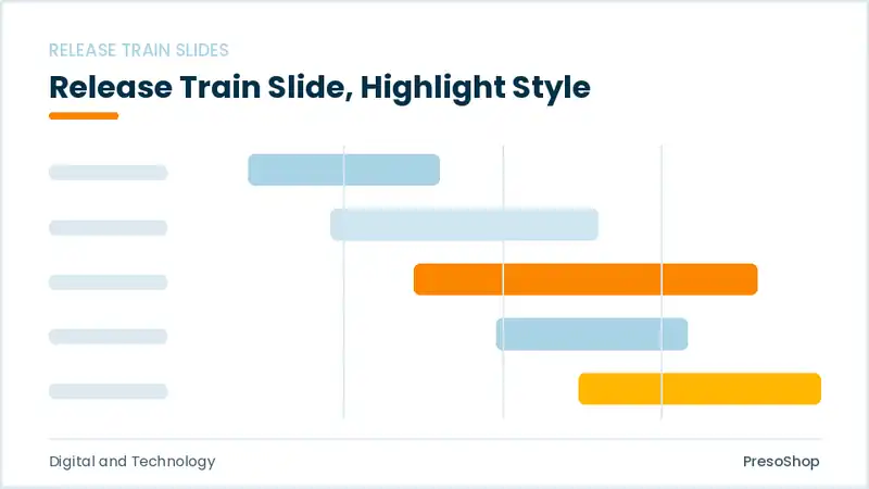 Editable PowerPoint release train slide template with an accented takeaway, built from recolourable native shapes for digital and technology decks