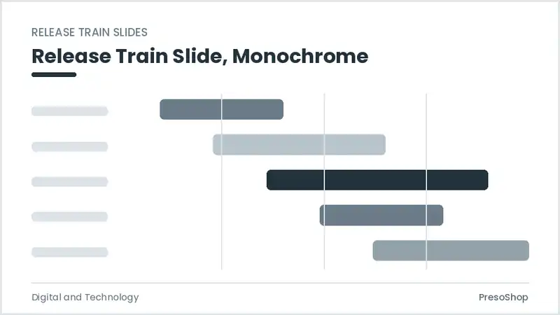 Editable PowerPoint release train slide template in a monochrome treatment, built from recolourable native shapes for digital and technology decks