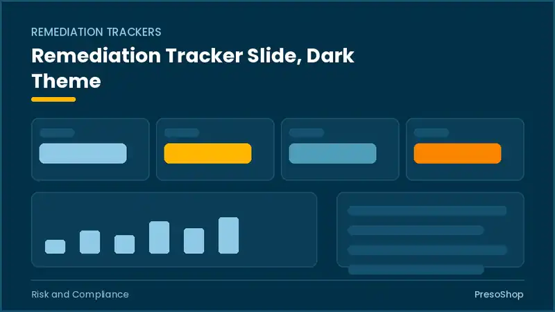 Editable PowerPoint remediation tracker slide template in a dark theme, built from recolourable native shapes for risk and compliance decks