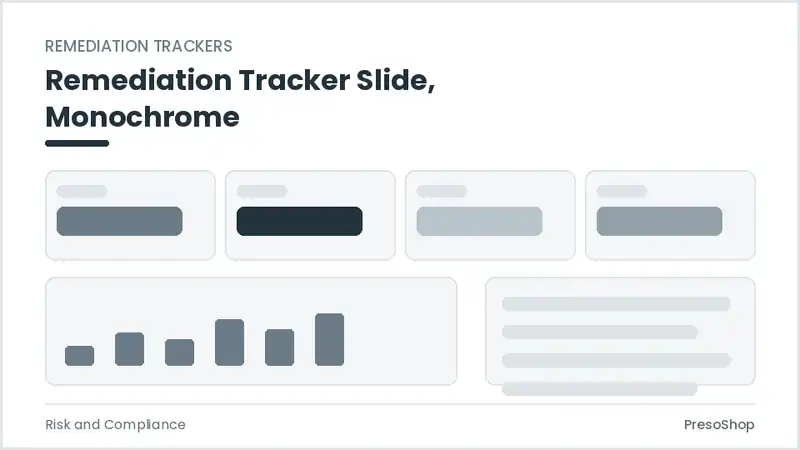 Editable PowerPoint remediation tracker slide template in a monochrome treatment, built from recolourable native shapes for risk and compliance decks