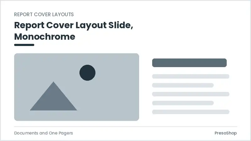 Editable PowerPoint report cover layout slide template in a monochrome treatment, built from recolourable native shapes for documents and one pagers decks