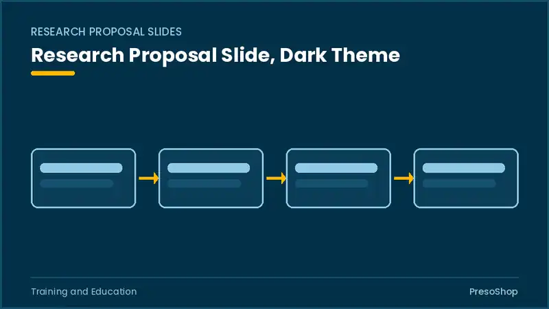 Editable PowerPoint research proposal slide template in a dark theme, built from recolourable native shapes for training and education decks