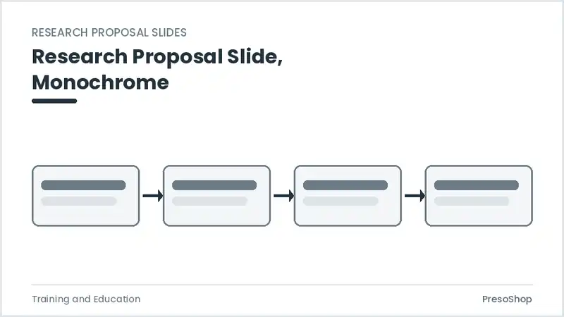 Editable PowerPoint research proposal slide template in a monochrome treatment, built from recolourable native shapes for training and education decks