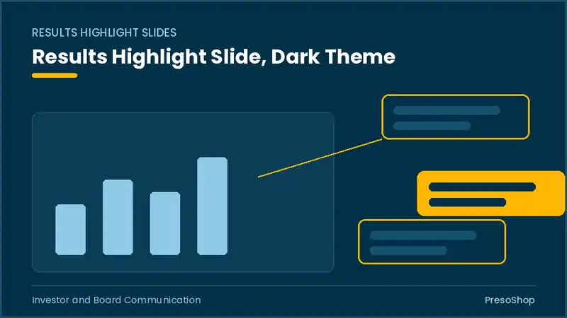 Editable PowerPoint results highlight slide template in a dark theme, built from recolourable native shapes for investor and board communication decks