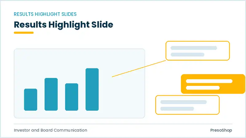 Editable PowerPoint results highlight slide template, built from recolourable native shapes for investor and board communication decks