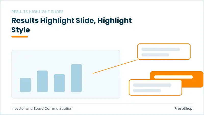 Editable PowerPoint results highlight slide template with an accented takeaway, built from recolourable native shapes for investor and board communication decks