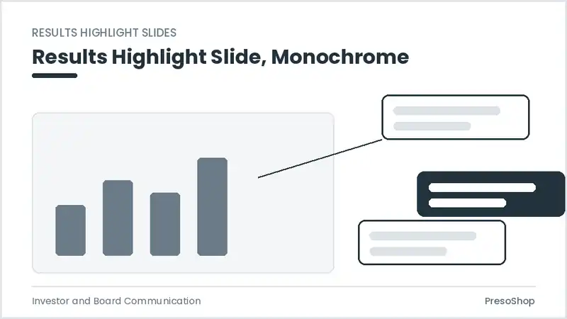 Editable PowerPoint results highlight slide template in a monochrome treatment, built from recolourable native shapes for investor and board communication decks