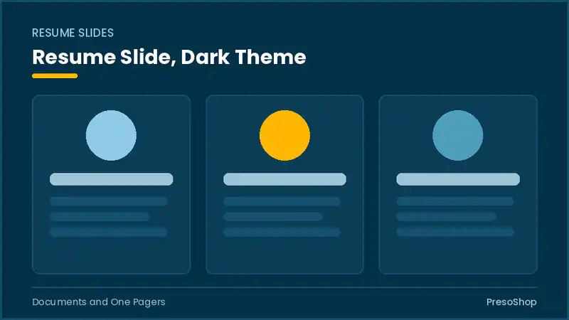 Editable PowerPoint resume slide template in a dark theme, built from recolourable native shapes for documents and one pagers decks