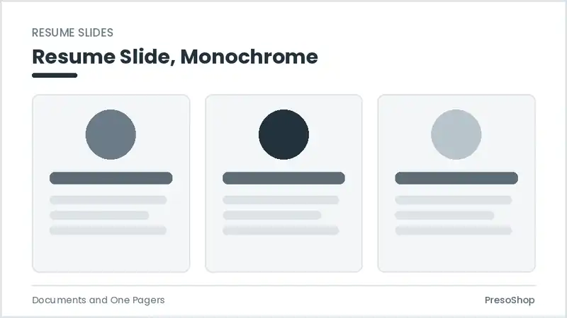 Editable PowerPoint resume slide template in a monochrome treatment, built from recolourable native shapes for documents and one pagers decks