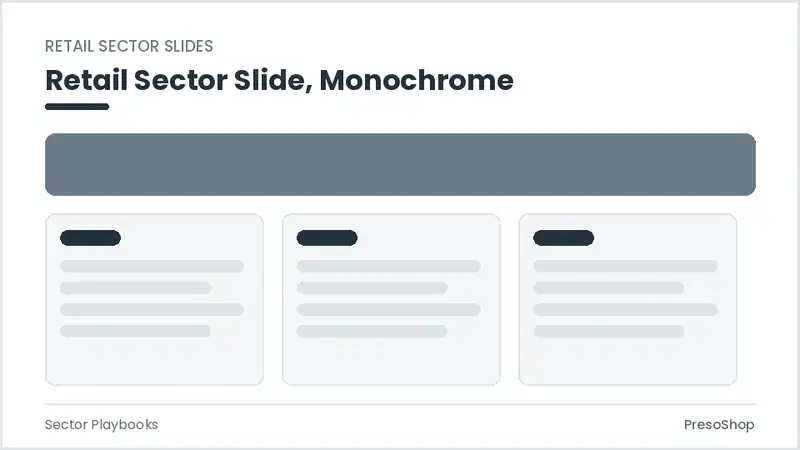 Editable PowerPoint retail sector slide template in a monochrome treatment, built from recolourable native shapes for sector playbooks decks