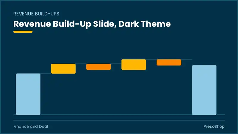 Editable PowerPoint revenue build-up slide template in a dark theme, built from recolourable native shapes for finance and deal decks