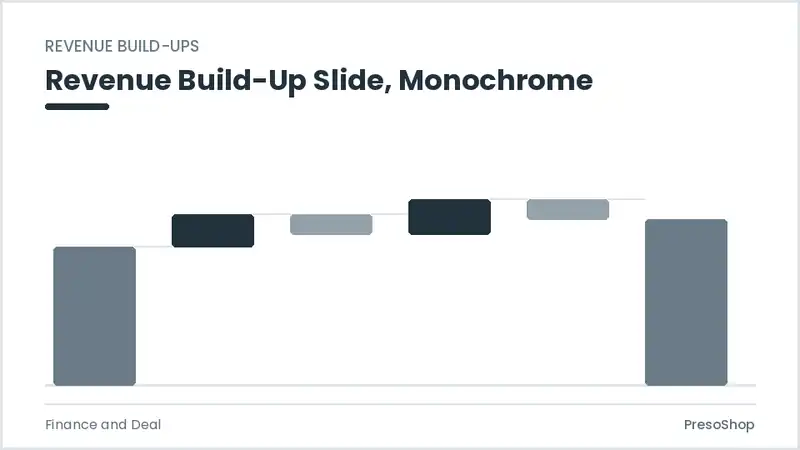 Editable PowerPoint revenue build-up slide template in a monochrome treatment, built from recolourable native shapes for finance and deal decks