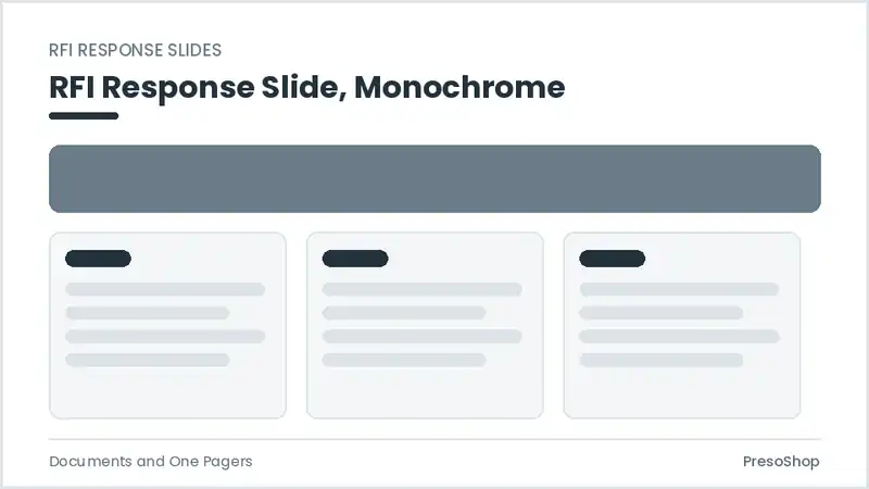Editable PowerPoint rfi response slide template in a monochrome treatment, built from recolourable native shapes for documents and one pagers decks