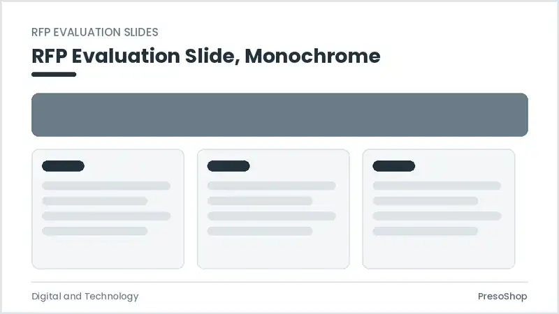 Editable PowerPoint rfp evaluation slide template in a monochrome treatment, built from recolourable native shapes for digital and technology decks