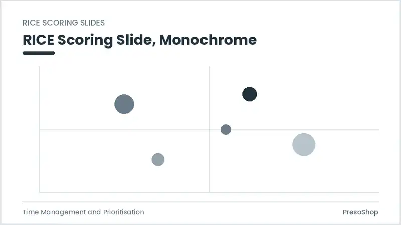 Editable PowerPoint rice scoring slide template in a monochrome treatment, built from recolourable native shapes for time management and prioritisation decks