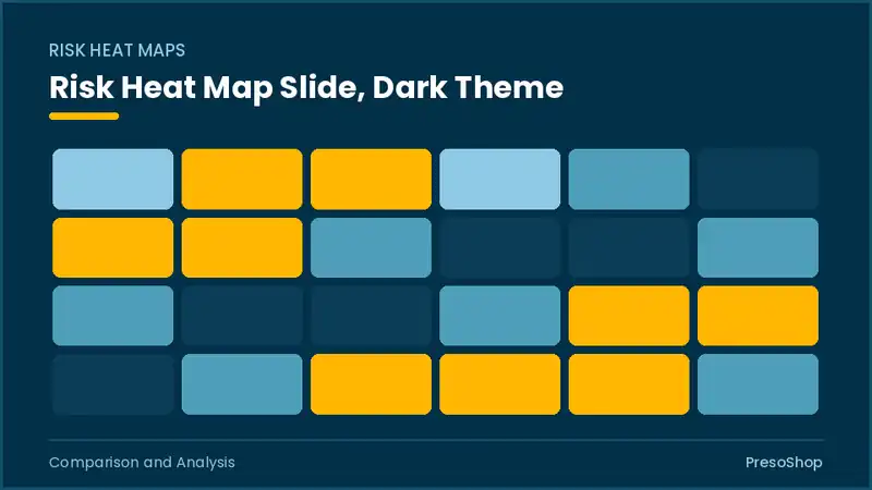 Editable PowerPoint risk heat map slide template in a dark theme, built from recolourable native shapes for comparison and analysis decks