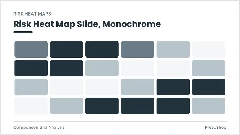 Editable PowerPoint risk heat map slide template in a monochrome treatment, built from recolourable native shapes for comparison and analysis decks
