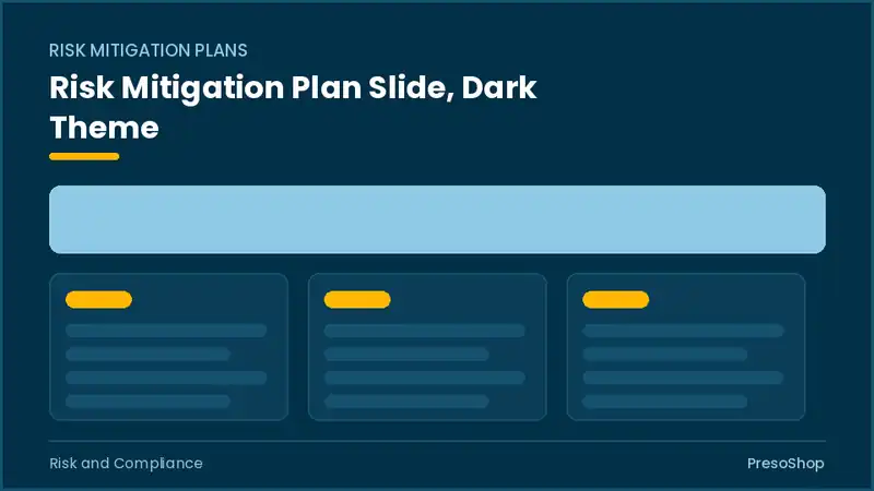 Editable PowerPoint risk mitigation plan slide template in a dark theme, built from recolourable native shapes for risk and compliance decks