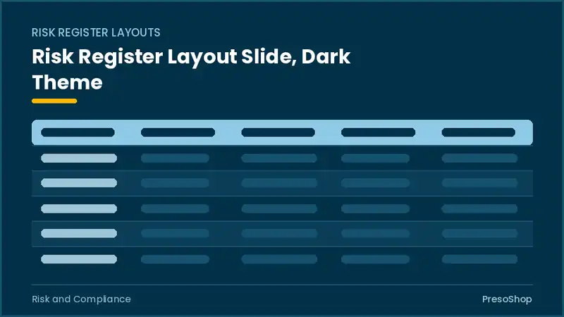 Editable PowerPoint risk register layout slide template in a dark theme, built from recolourable native shapes for risk and compliance decks