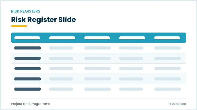 Editable PowerPoint risk register slide template, built from recolourable native shapes for project and programme decks