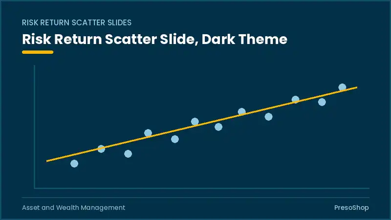 Editable PowerPoint risk return scatter slide template in a dark theme, built from recolourable native shapes for asset and wealth management decks