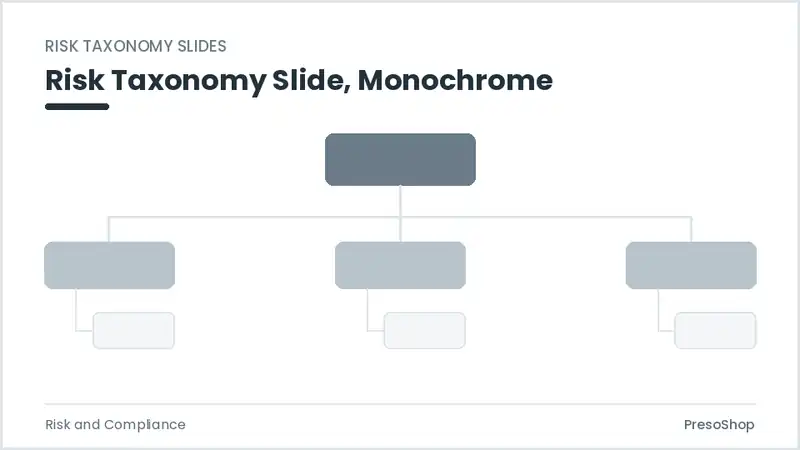 Editable PowerPoint risk taxonomy slide template in a monochrome treatment, built from recolourable native shapes for risk and compliance decks