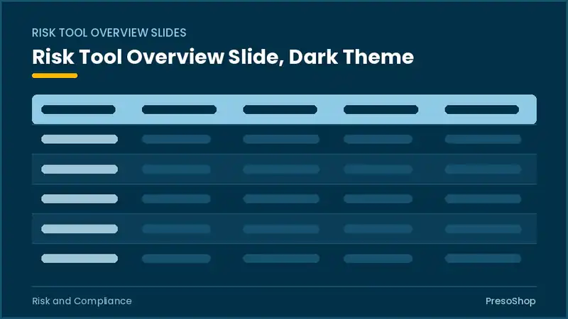 Editable PowerPoint risk tool overview slide template in a dark theme, built from recolourable native shapes for risk and compliance decks
