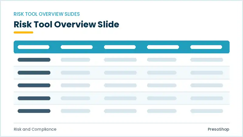 Editable PowerPoint risk tool overview slide template, built from recolourable native shapes for risk and compliance decks