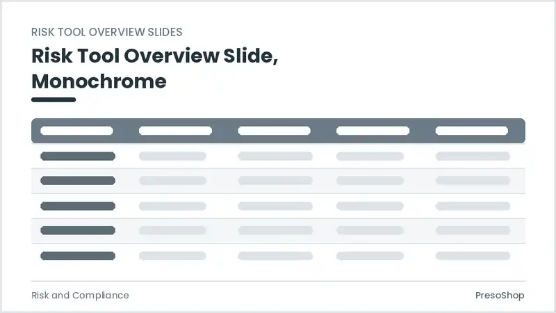 Editable PowerPoint risk tool overview slide template in a monochrome treatment, built from recolourable native shapes for risk and compliance decks
