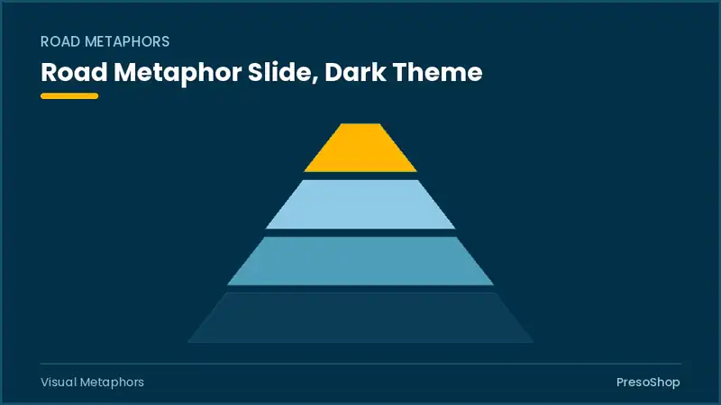 Editable PowerPoint road metaphor slide template in a dark theme, built from recolourable native shapes for visual metaphors decks