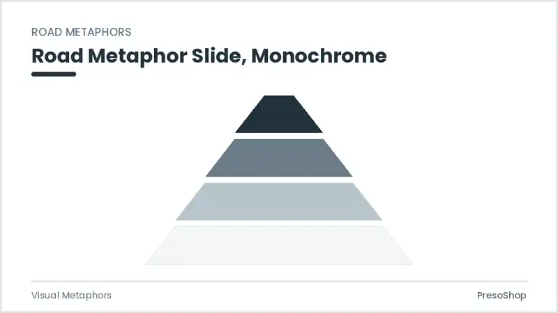Editable PowerPoint road metaphor slide template in a monochrome treatment, built from recolourable native shapes for visual metaphors decks