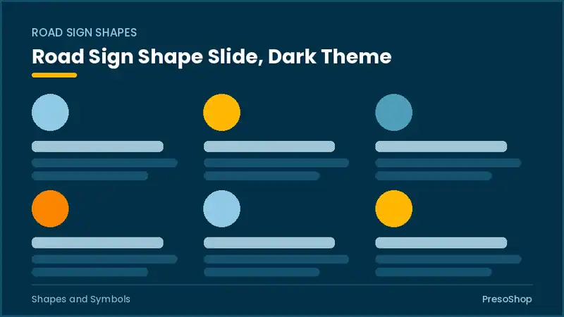 Editable PowerPoint road sign shape slide template in a dark theme, built from recolourable native shapes for shapes and symbols decks