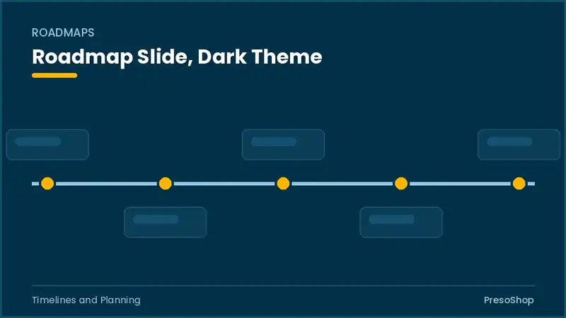 Editable PowerPoint roadmap slide template in a dark theme, built from recolourable native shapes for timelines and planning decks