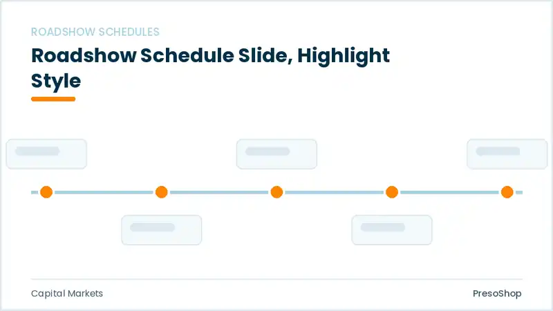 Editable PowerPoint roadshow schedule slide template with an accented takeaway, built from recolourable native shapes for capital markets decks