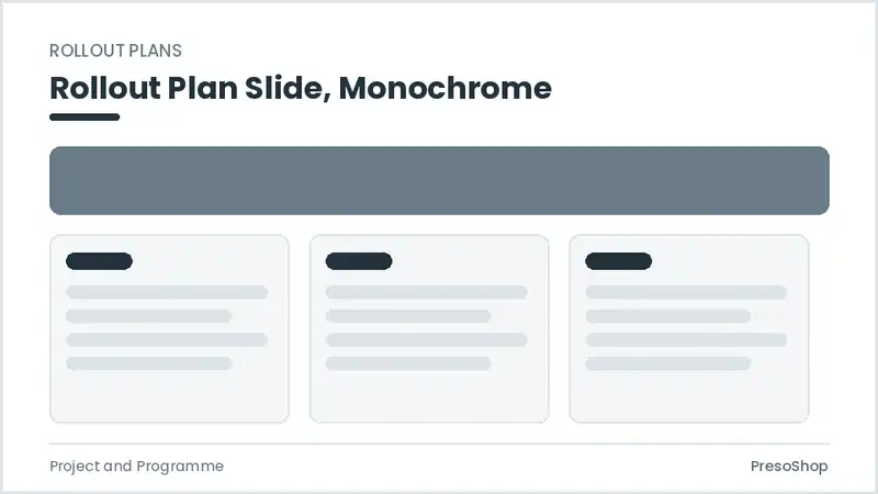 Editable PowerPoint rollout plan slide template in a monochrome treatment, built from recolourable native shapes for project and programme decks
