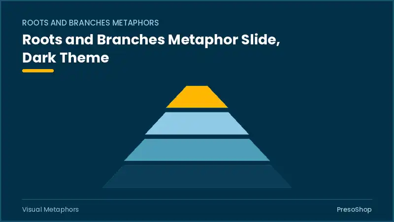 Editable PowerPoint roots and branches metaphor slide template in a dark theme, built from recolourable native shapes for visual metaphors decks