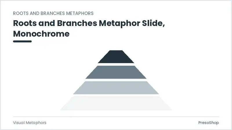 Editable PowerPoint roots and branches metaphor slide template in a monochrome treatment, built from recolourable native shapes for visual metaphors decks