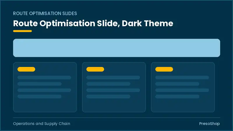 Editable PowerPoint route optimisation slide template in a dark theme, built from recolourable native shapes for operations and supply chain decks