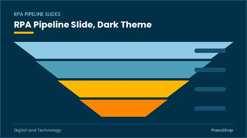 Editable PowerPoint rpa pipeline slide template in a dark theme, built from recolourable native shapes for digital and technology decks
