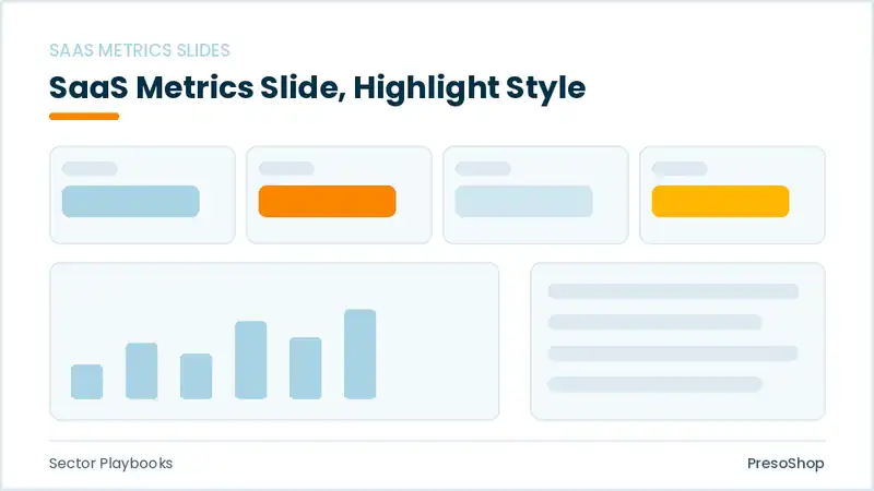 Editable PowerPoint saas metrics slide template with an accented takeaway, built from recolourable native shapes for sector playbooks decks