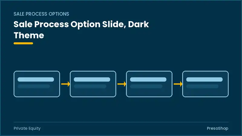 Editable PowerPoint sale process option slide template in a dark theme, built from recolourable native shapes for private equity decks