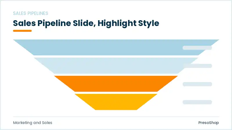 Editable PowerPoint sales pipeline slide template with an accented takeaway, built from recolourable native shapes for marketing and sales decks