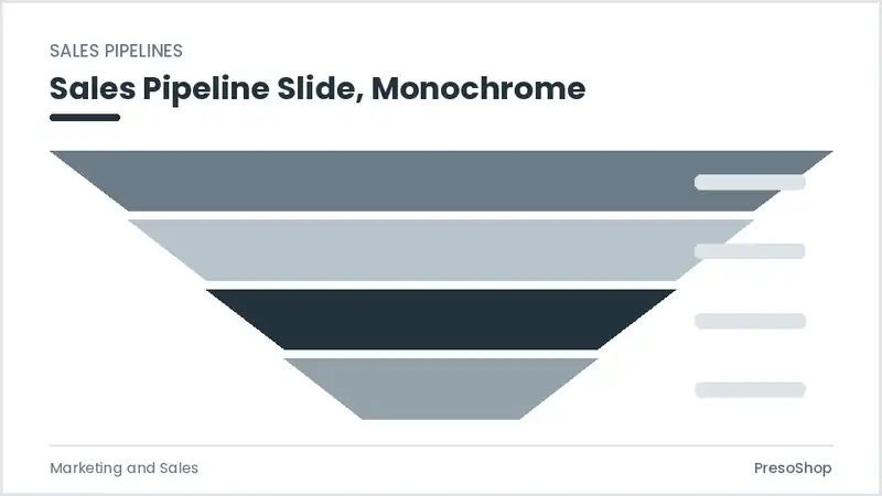Editable PowerPoint sales pipeline slide template in a monochrome treatment, built from recolourable native shapes for marketing and sales decks