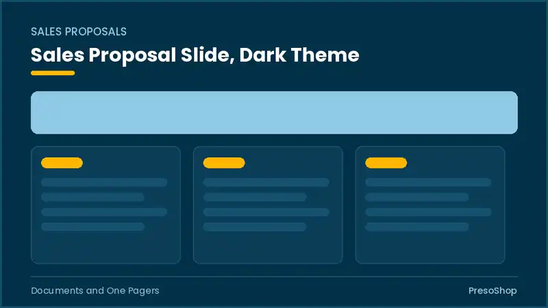 Editable PowerPoint sales proposal slide template in a dark theme, built from recolourable native shapes for documents and one pagers decks