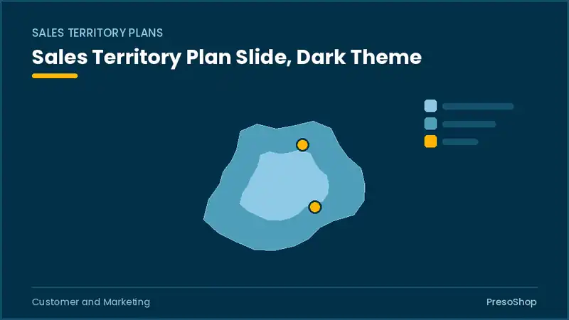Editable PowerPoint sales territory plan slide template in a dark theme, built from recolourable native shapes for customer and marketing decks