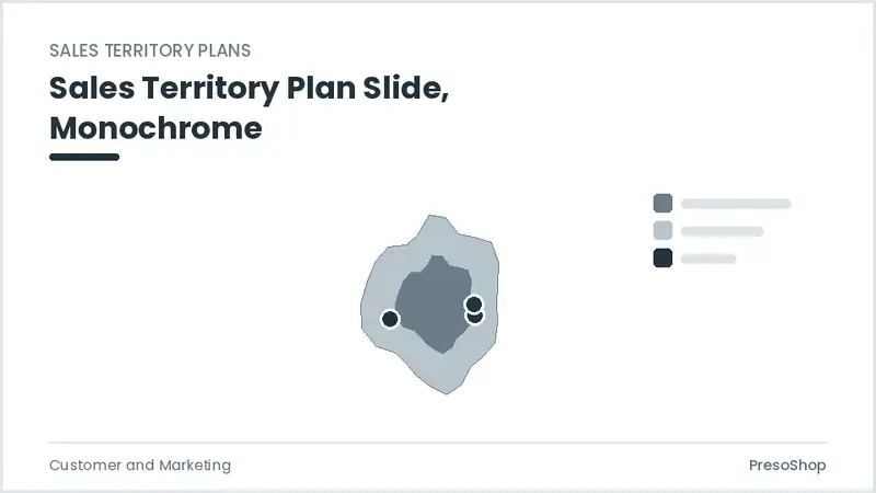 Editable PowerPoint sales territory plan slide template in a monochrome treatment, built from recolourable native shapes for customer and marketing decks