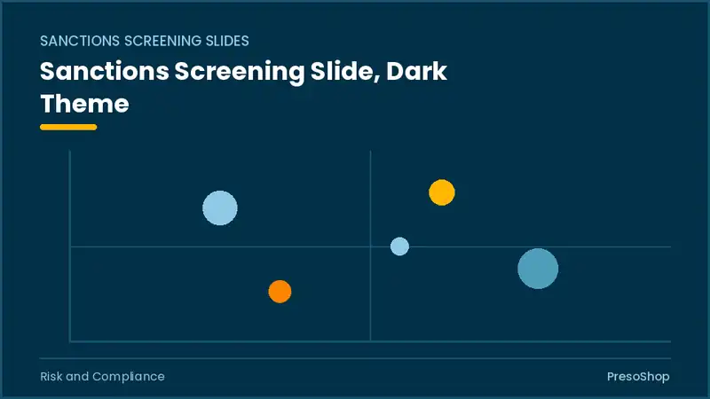 Editable PowerPoint sanctions screening slide template in a dark theme, built from recolourable native shapes for risk and compliance decks